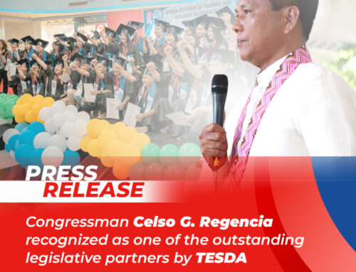 CONGRESSMAN CELSO G. REGENCIA RECOGNIZED AS ONE OF THE OUTSTANDING LEGISLATIVE PARTNERS BY TESDA